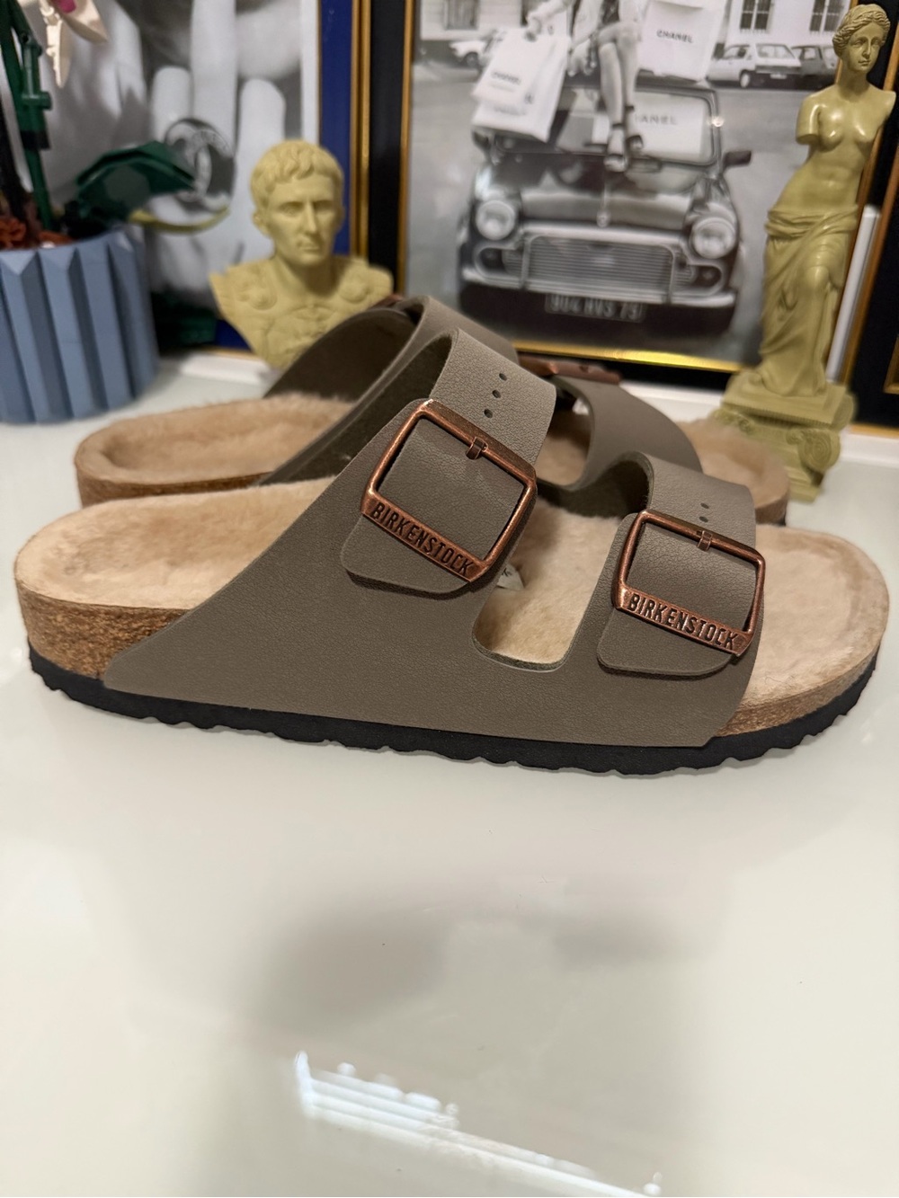 Birkenstock Women’s Taupe Two-Strap Sandals with Rose Gold Buckles - Shearling! - Picture 5 of 9